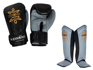 Kanong Real Leather Kit - Boxing Gloves and Shin Pads : Black/Grey